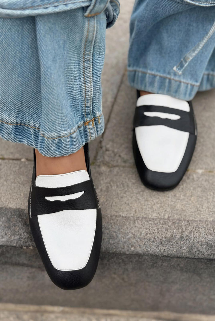 Melniel Hakiki Deri Kadın Loafer Siyah - Beyaz - ILOVESHOES