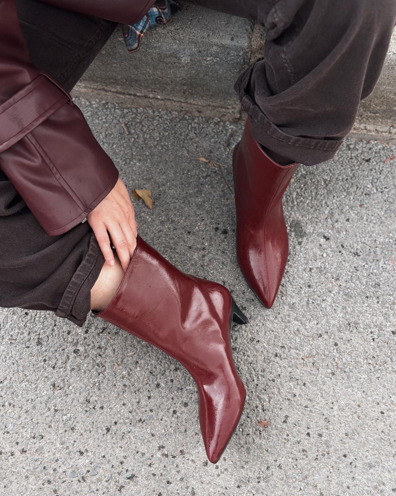 Silvar Kadın Topuklu Bot Bordo Kırışık Rugan - ILOVESHOES