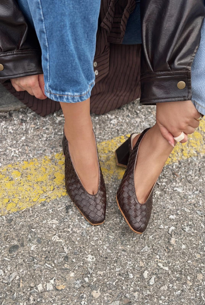 Meladina Topuklu Ayakkabı Acıkahve Mat Deri Örgü Desenli - ILOVESHOES