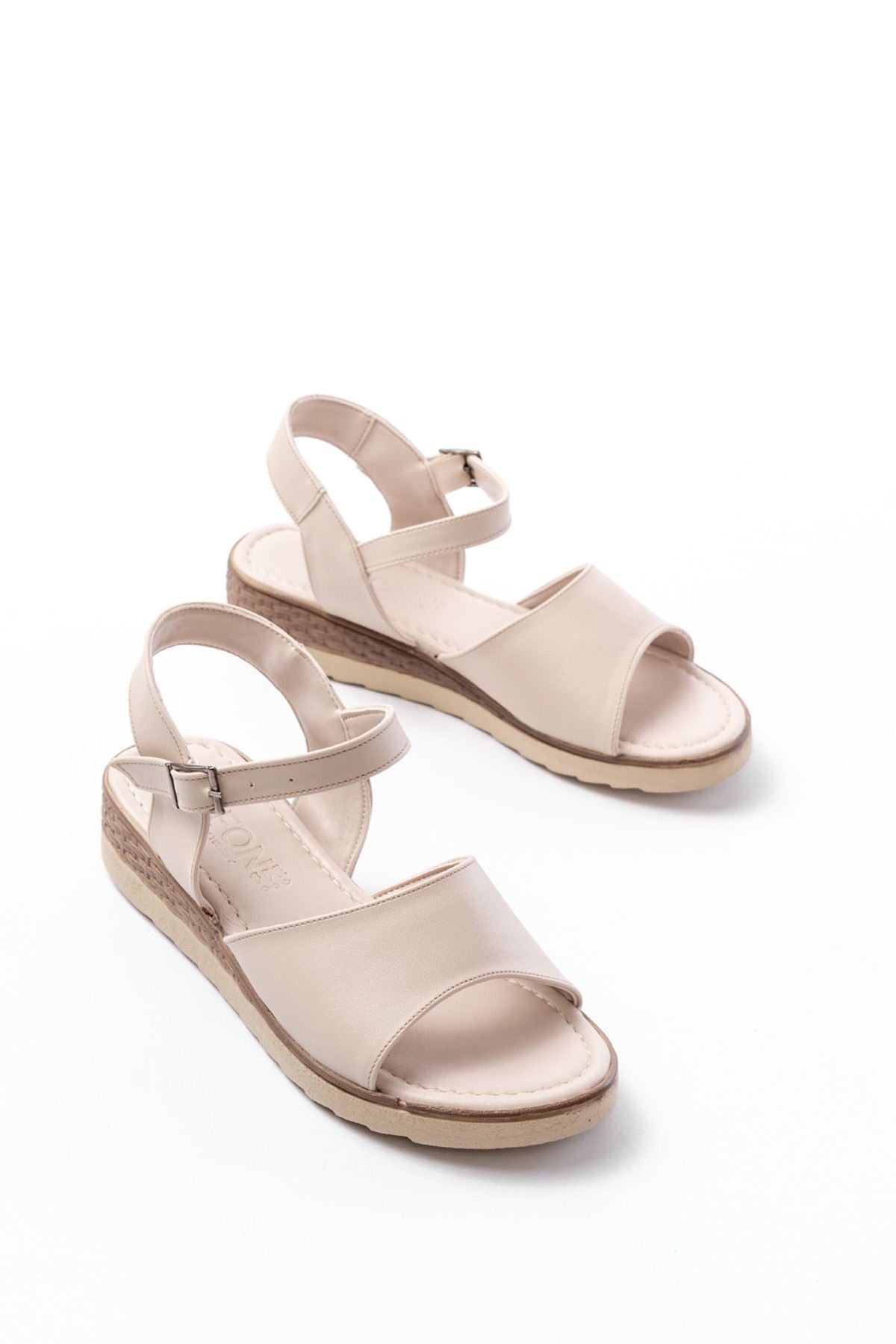 Merolin Hakiki Deri Bej Golgu Topuklu Sandalet - ILOVESHOES