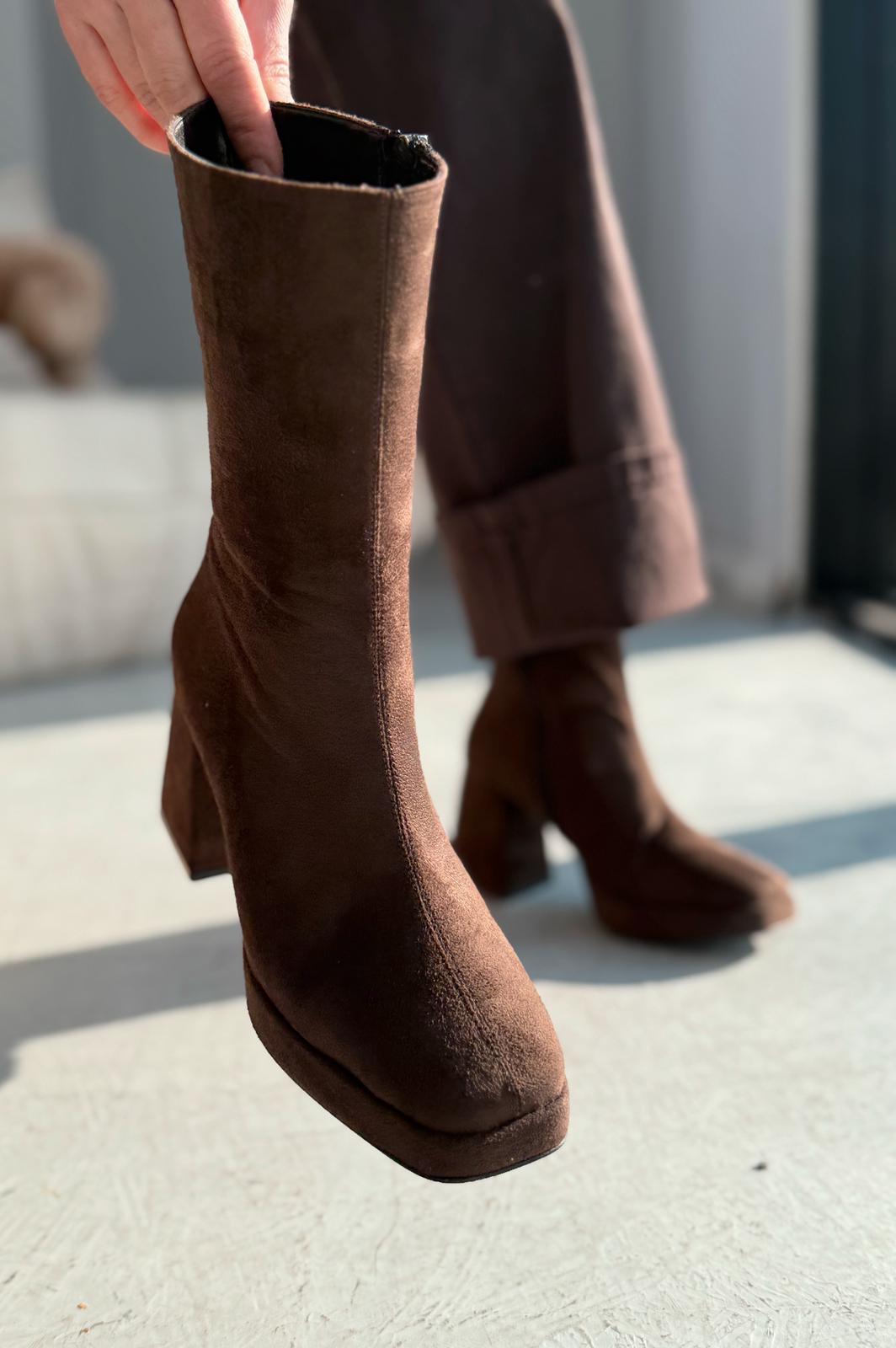Polinca Süet Platform Topuklu Acı Kahve Kadın Bot - ILOVESHOES
