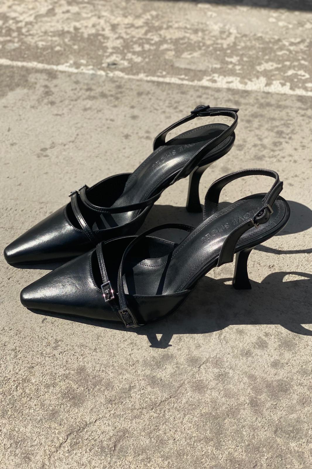 Telmor Mat Deri Bant Detaylı Yüksek Topuklu Stiletto Siyah - ILOVESHOES