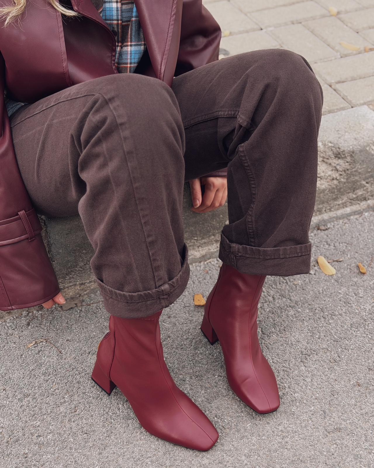Jornel Kadın Topuklu Streç Bot Bordo Mat Deri - ILOVESHOES