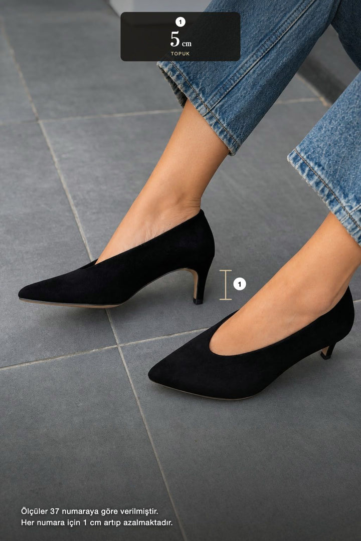 Rovya Siyah Süet Kadın Topuklu Ayakkabı - ILOVESHOES