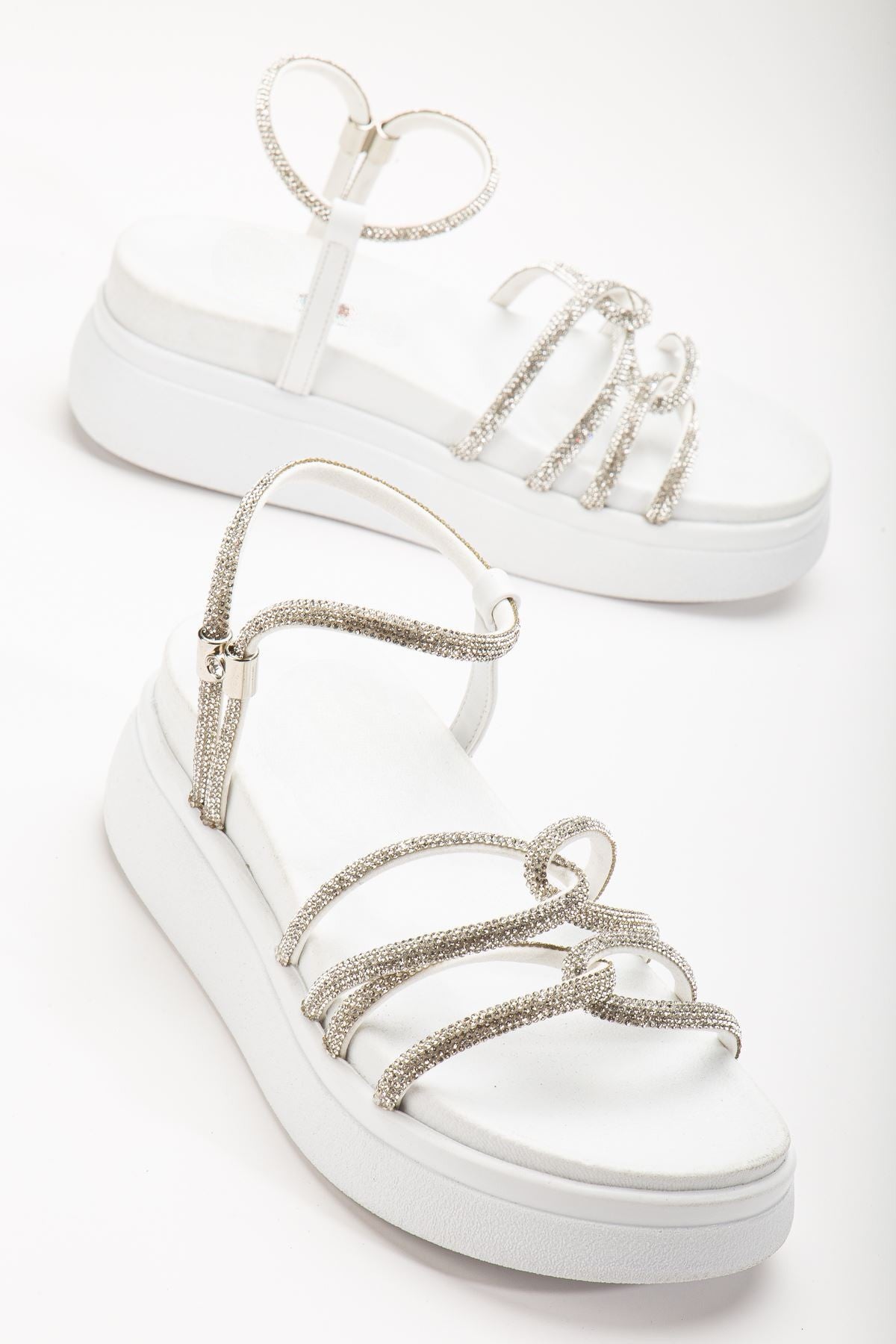 Tylinea Mat Beyaz Gümüş Bantlı Kadın Sandalet - ILOVESHOES