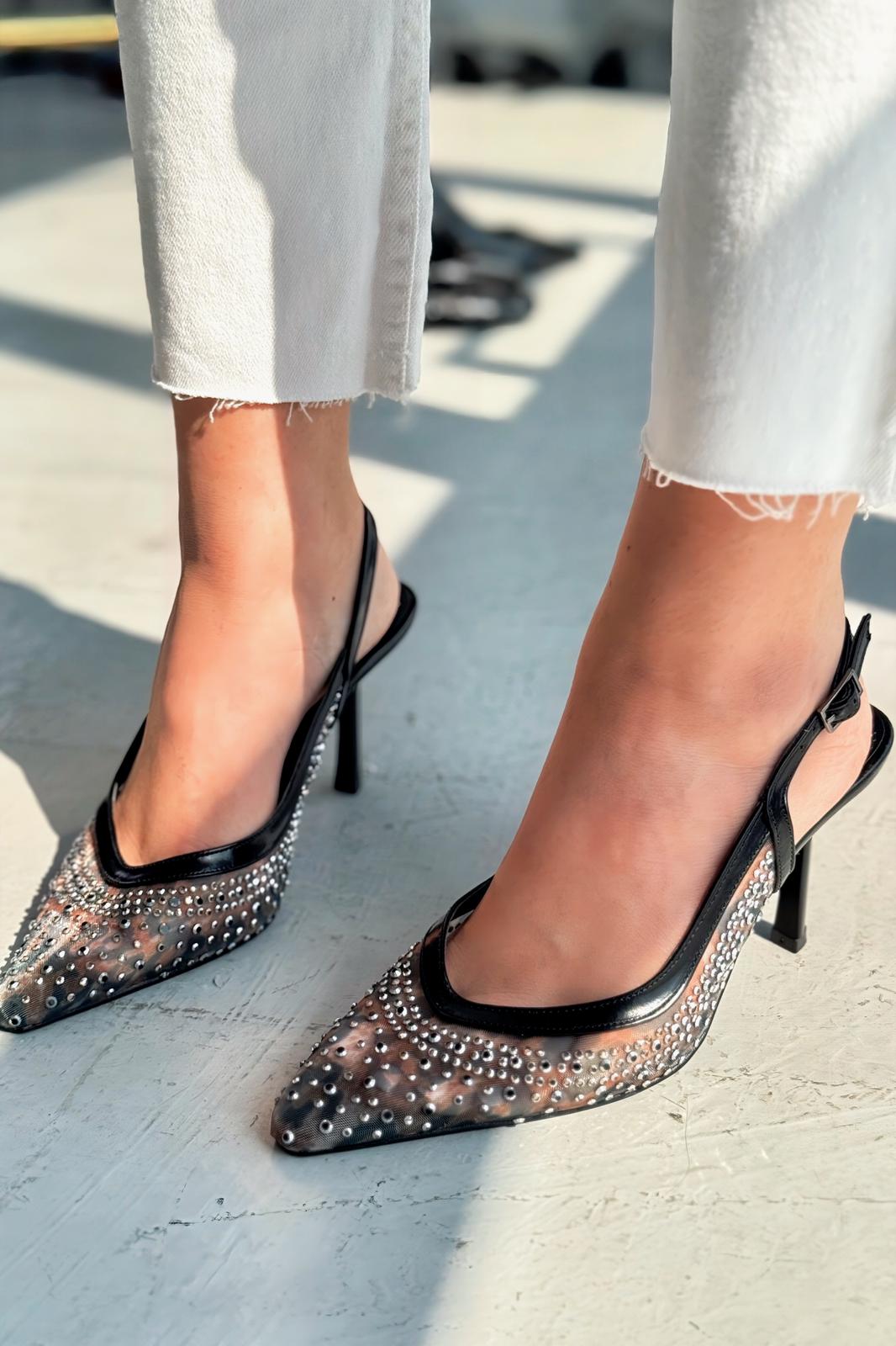 Clarwon Tül Taş Detaylı Stiletto Siyah - ILOVESHOES