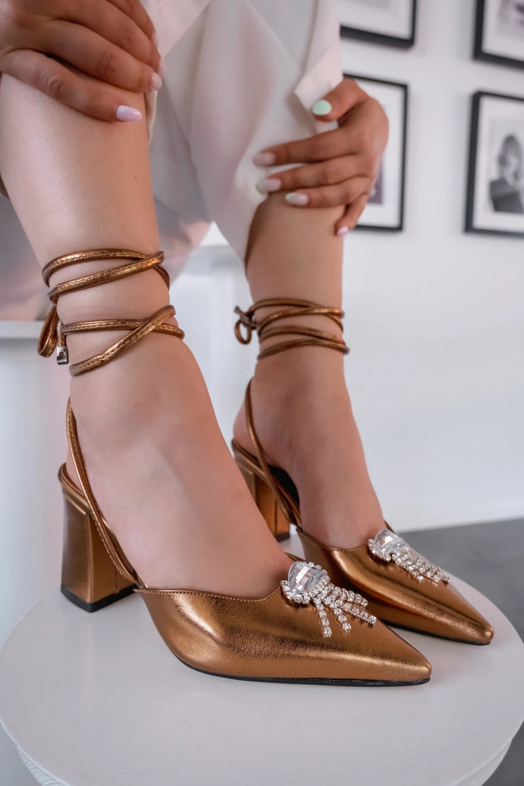 Teldina Parlak Saten Deri Yüksek Topuklu Stiletto Bronz