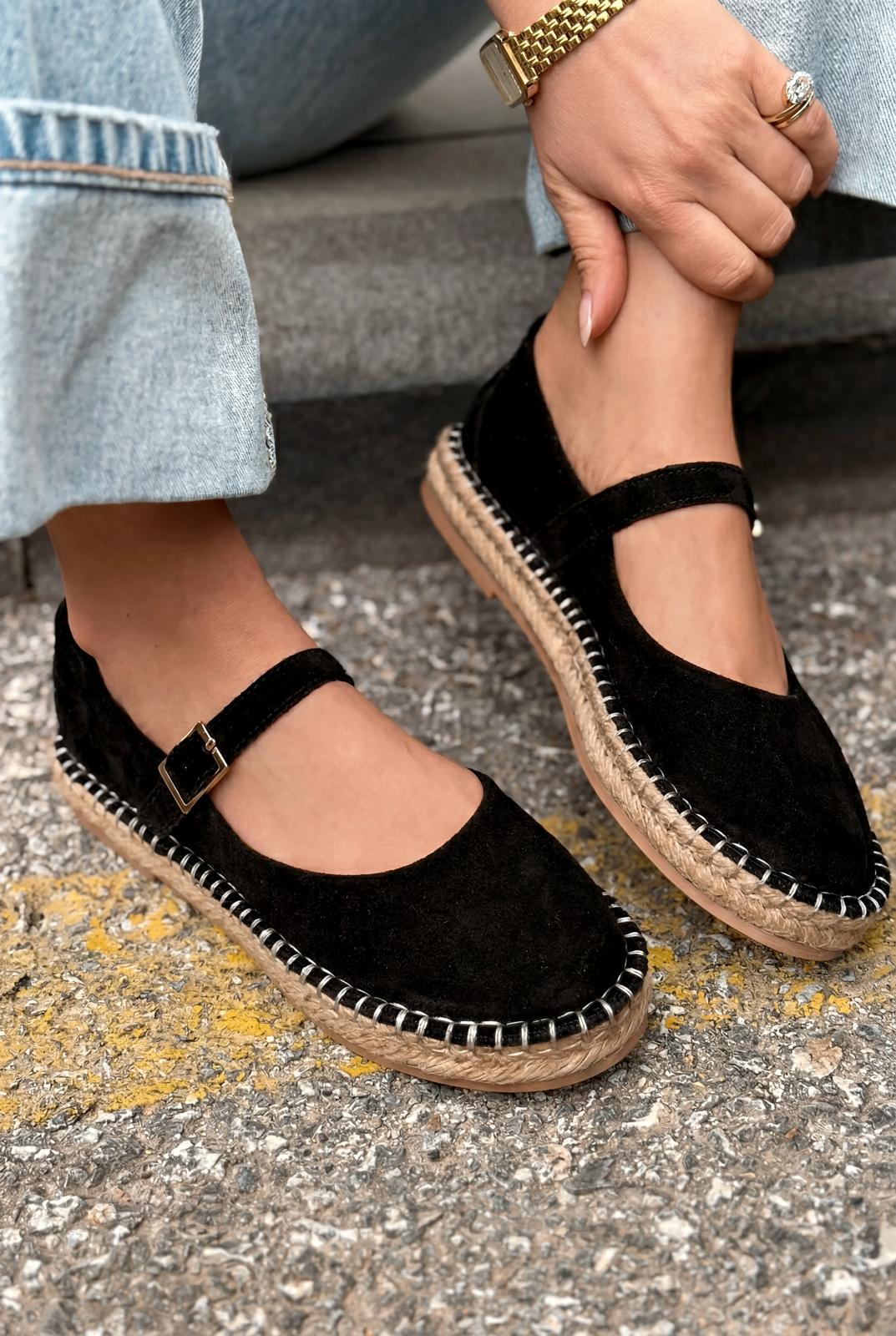 Marena Siyah Hakiki Süet Kadın Espadril - ILOVESHOES