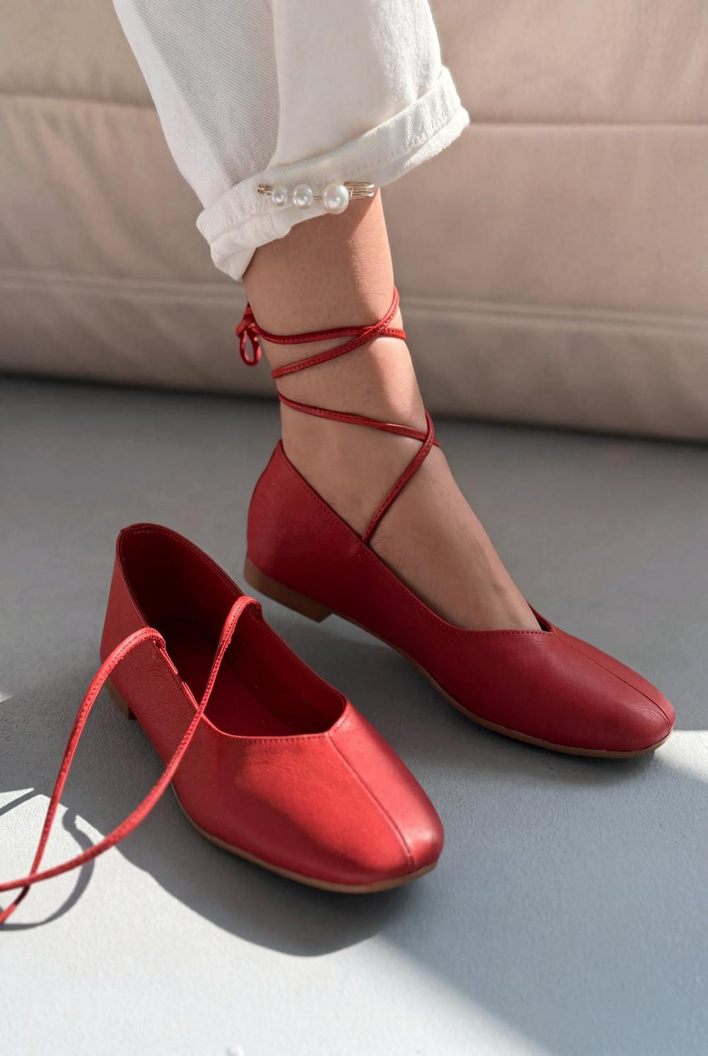 Morven Hakiki Deri Kırmızı Kadın Babet - ILOVESHOES