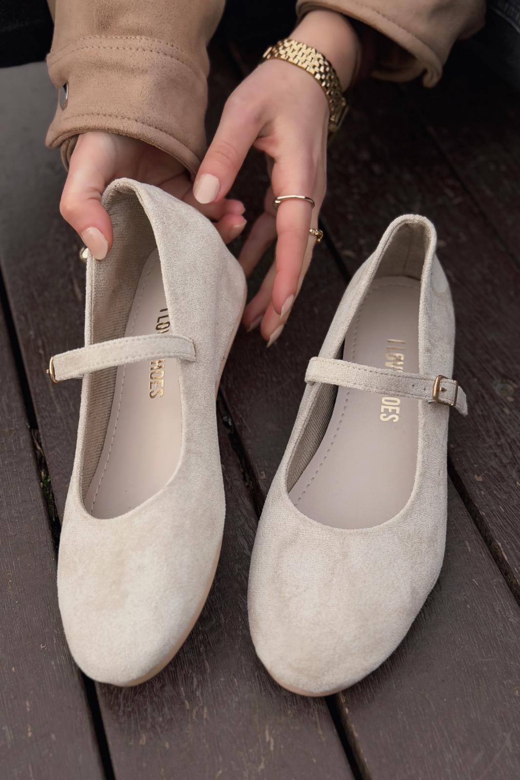 Tenris Kadın Babet Bej Süet Dolgu Topuklu - ILOVESHOES