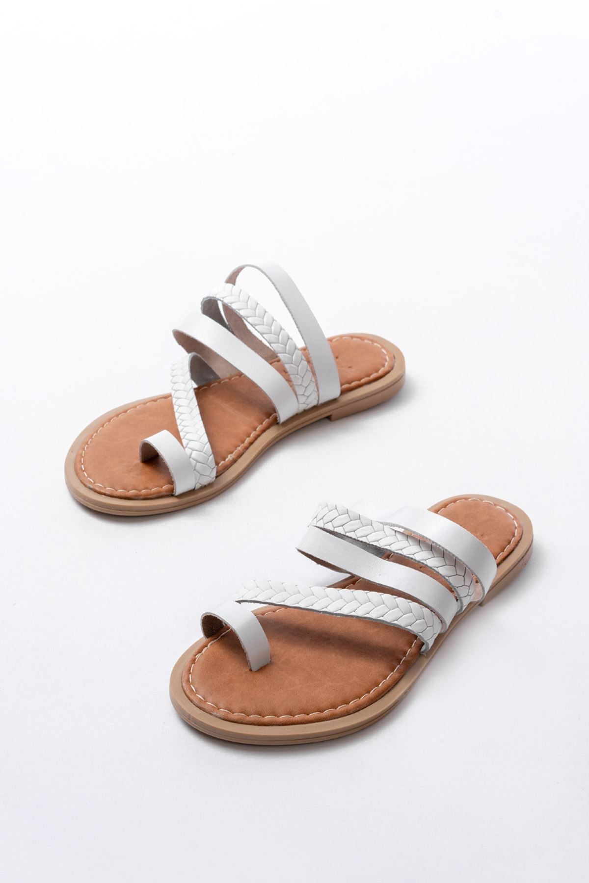 Prides Hakiki Deri Beyaz Parmak Arası Kadın Terlik - ILOVESHOES