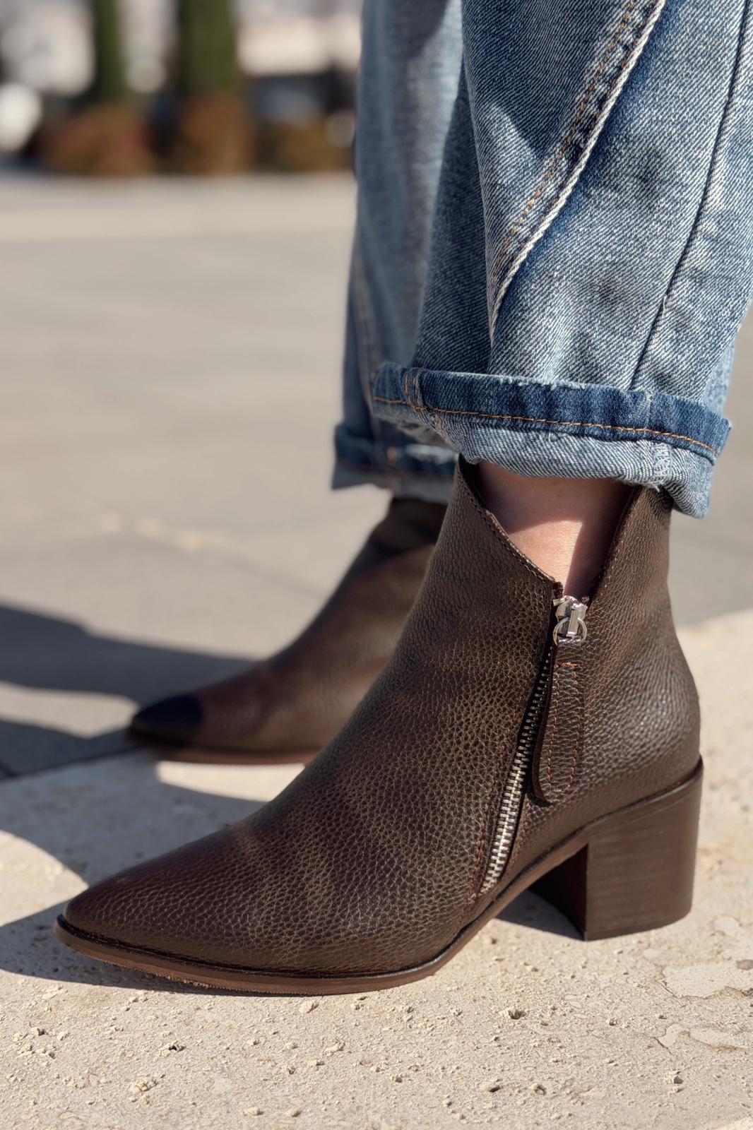 Mirno Kadın Kovboy Bot Acıkahve Desenli Mat Deri - ILOVESHOES