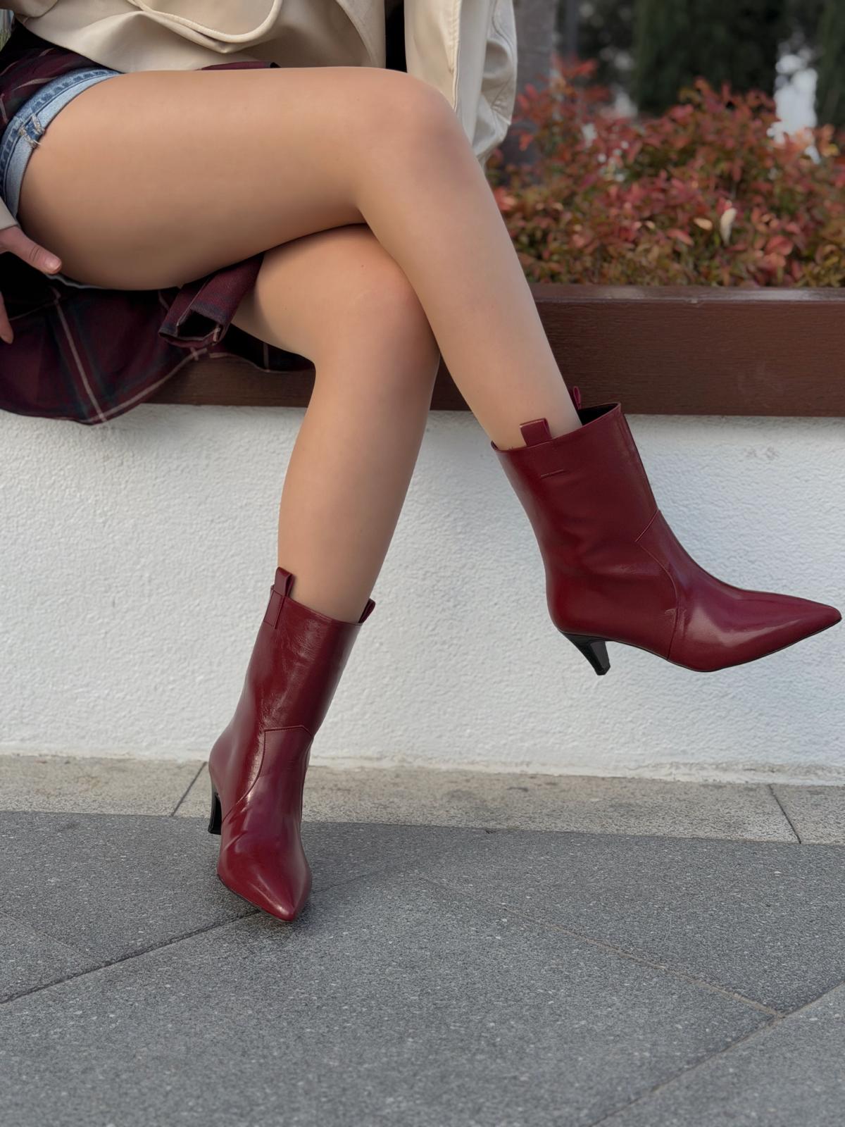 Lavino Kadın Topuklu Bot Bordo Kırışık Rugan - ILOVESHOES