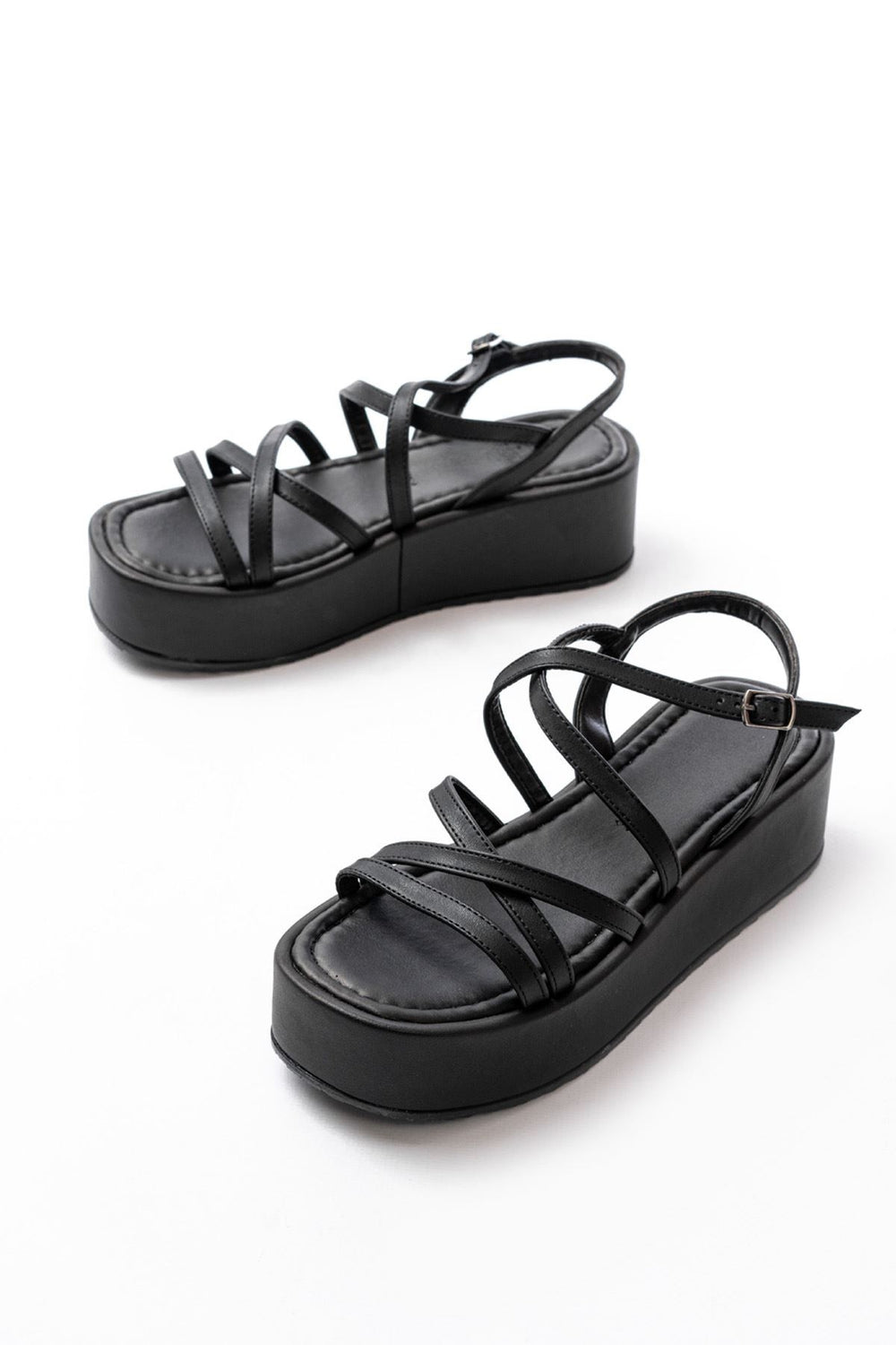 Parmela Mat Deri Siyah Kalın Taban Kadın Sandalet - ILOVESHOES