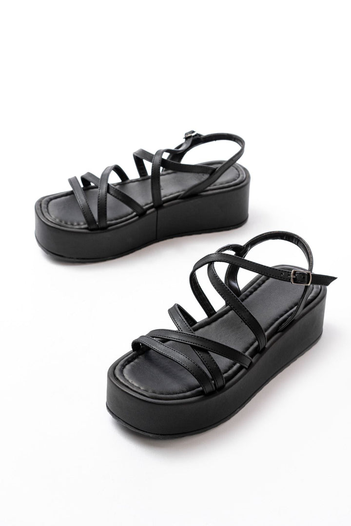 Parmela Mat Deri Siyah Kalın Taban Kadın Sandalet - ILOVESHOES