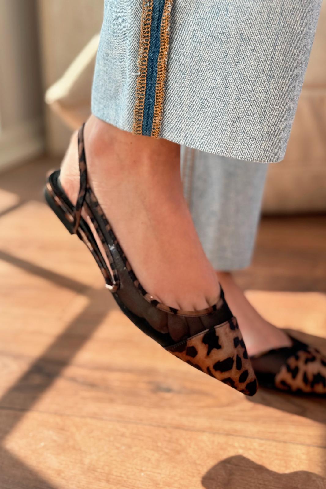 Wonels Saten Leo Desenli Tül Kadın Babet - ILOVESHOES