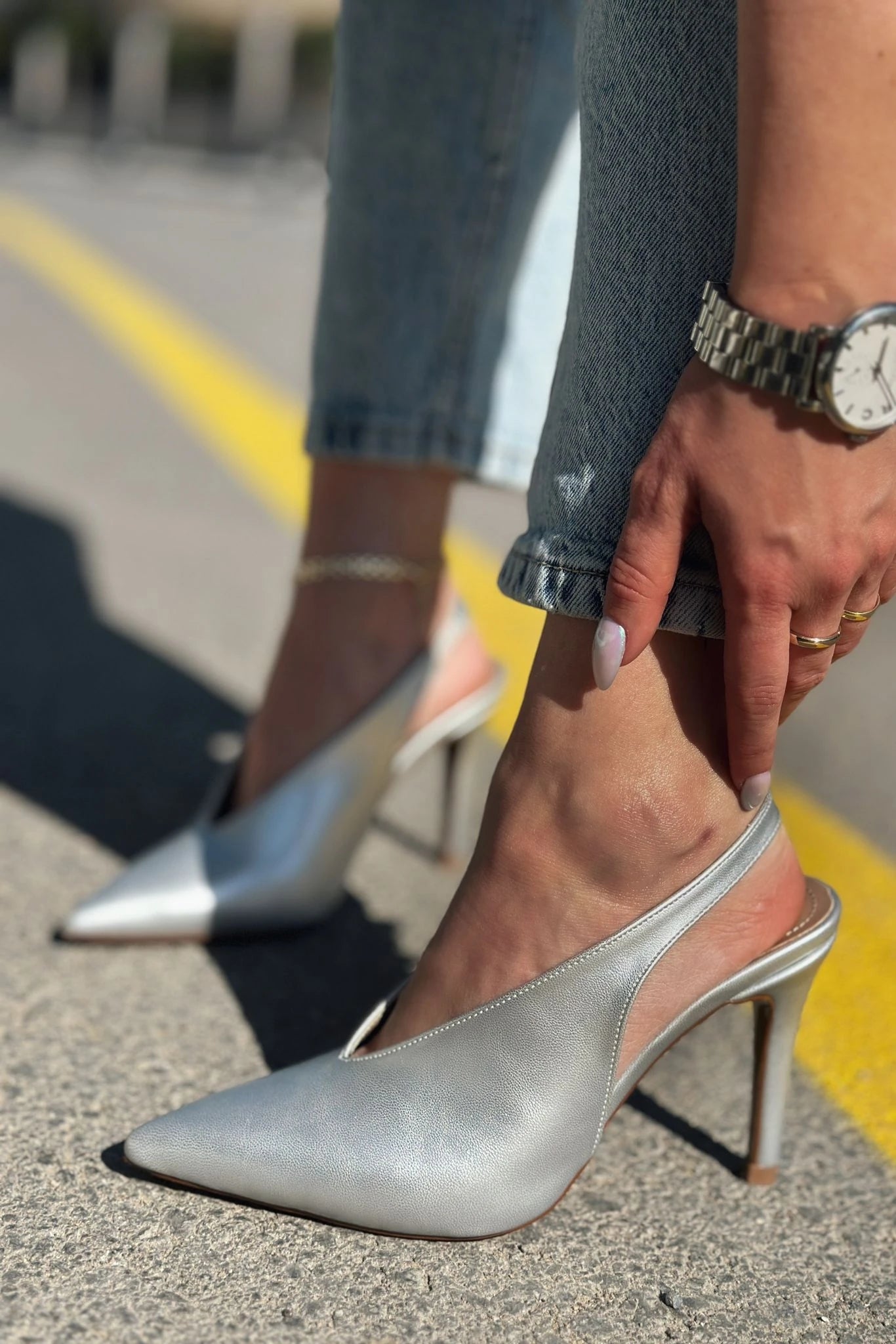 Cason Parlak Deri Yüksek Topuklu Stiletto Gümüş