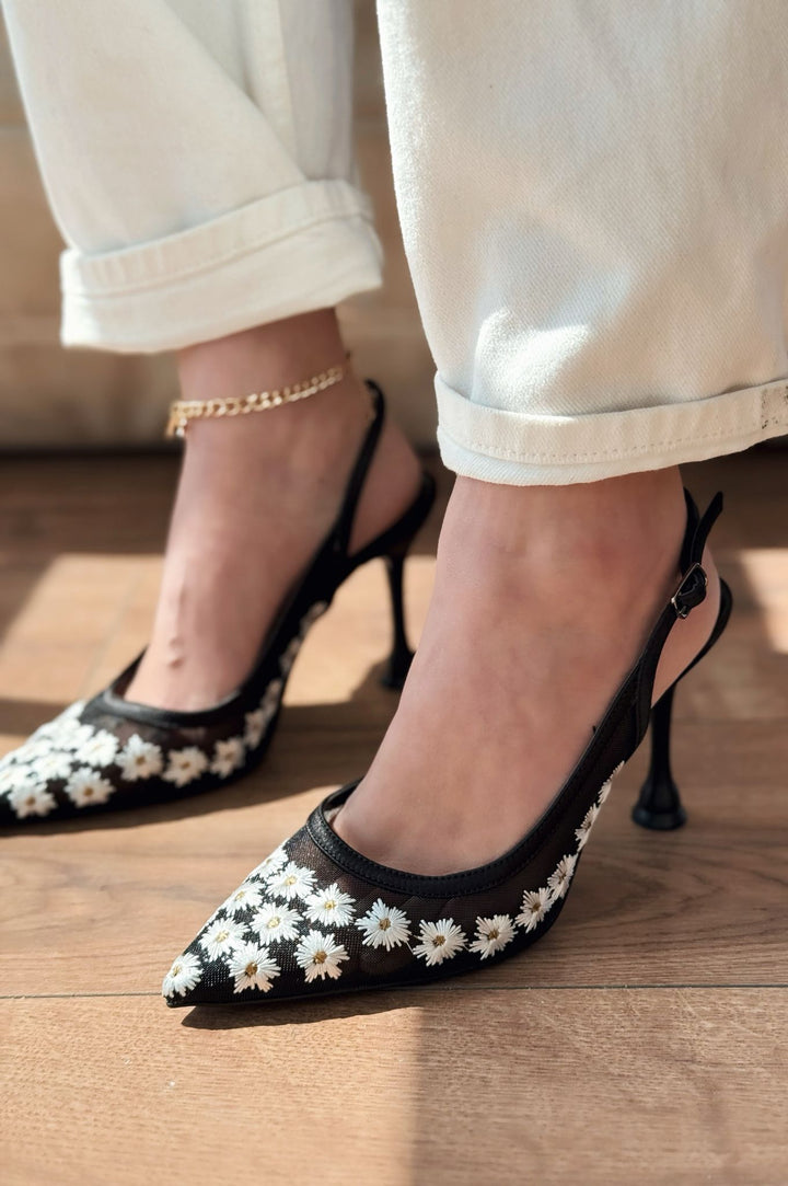 Dasewi Tül Siyah Papatya Desenli Stiletto