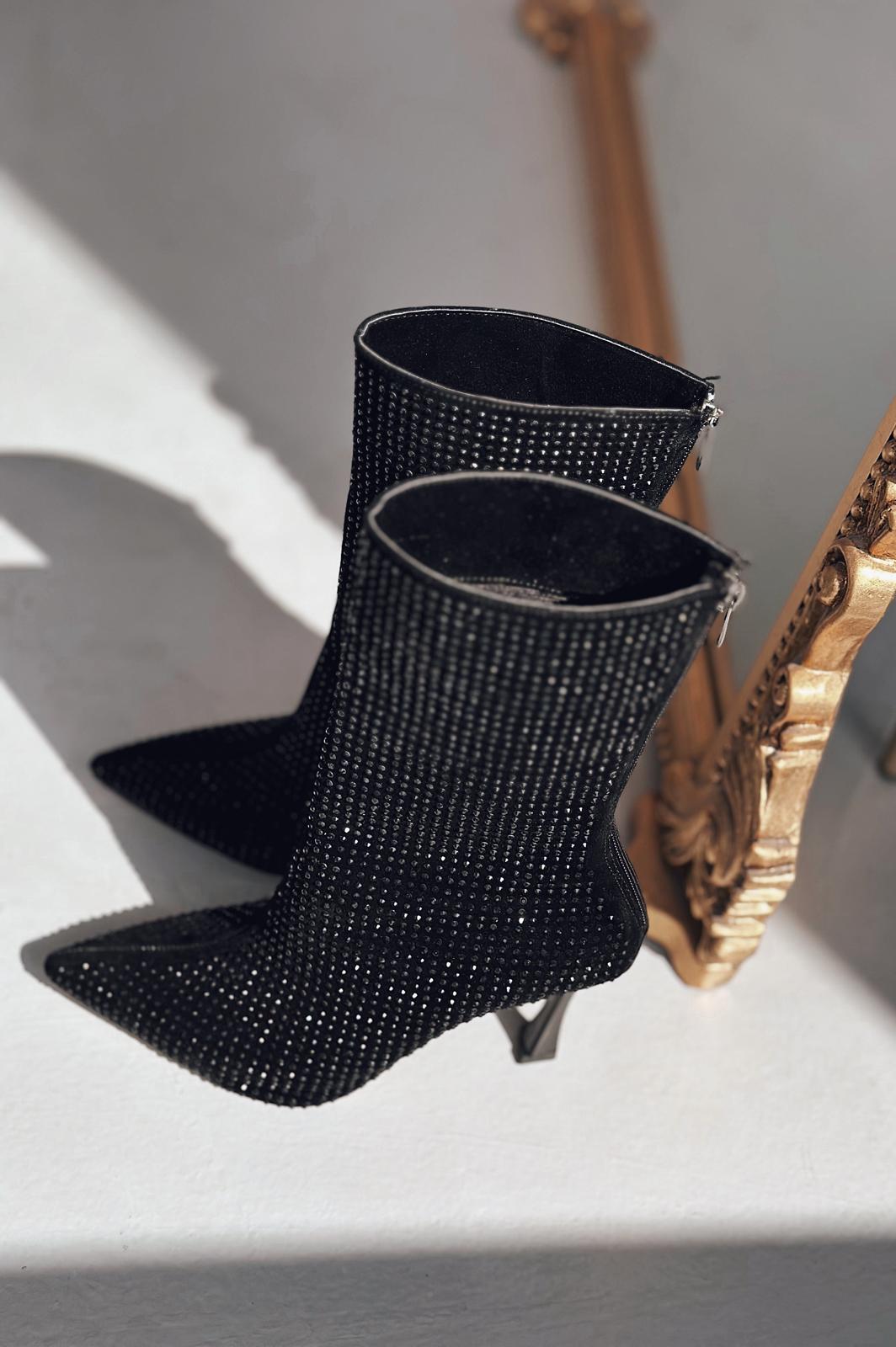 Simley Topuklu Kadın Çizme Siyah Siyah Gri Taşlı - ILOVESHOES