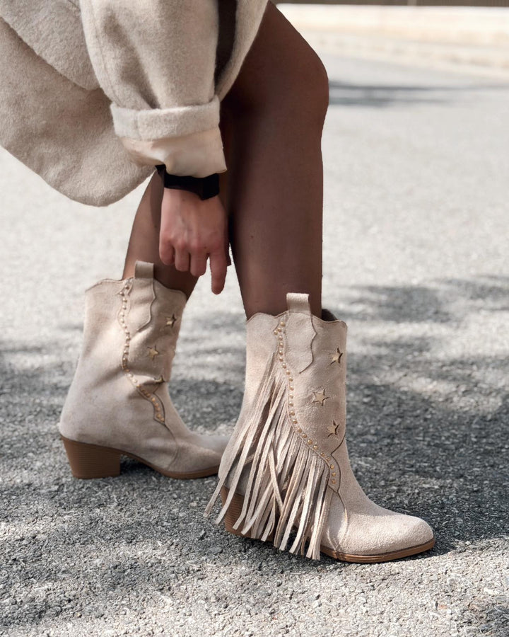 Silvene Kadın Kovboy Çizme Bej Süet - ILOVESHOES