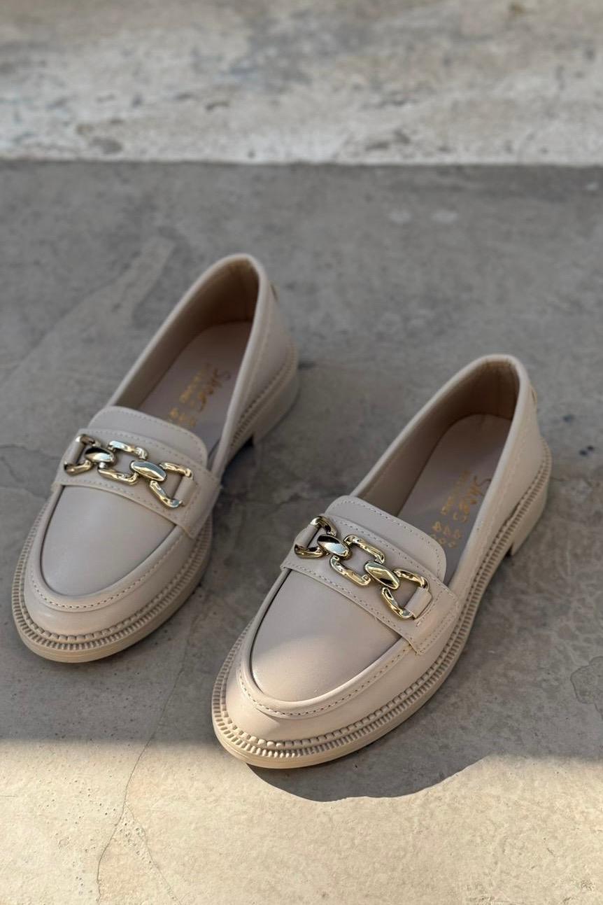 Kasto Mat Deri Bej Kadın Loafer - ILOVESHOES