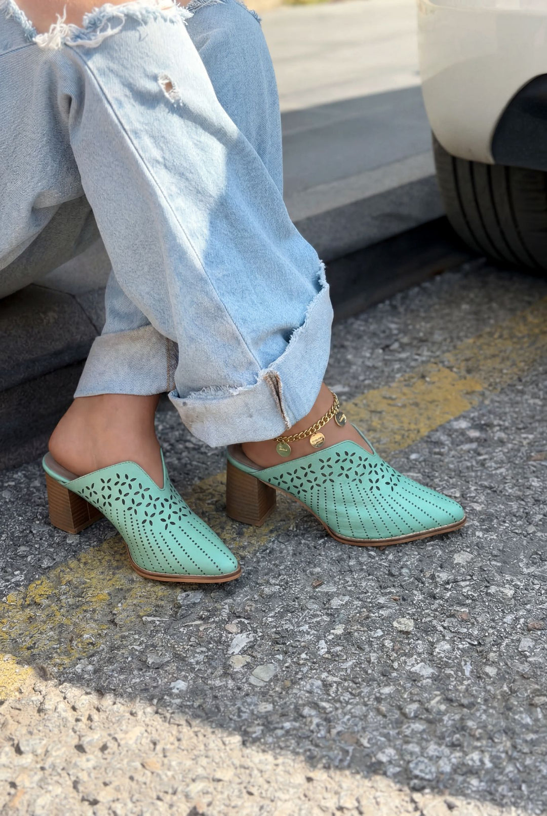 Noravina Hakiki Deri Topuklu Terlik Su Yeşili - ILOVESHOES