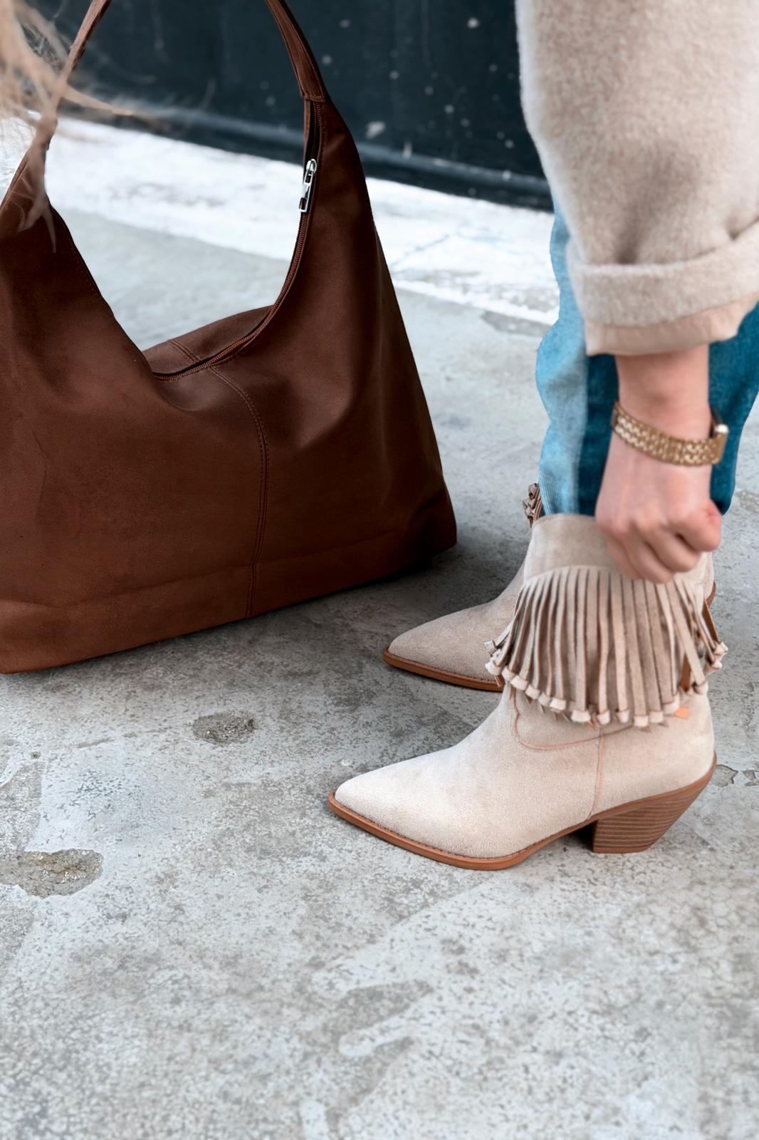 Iserne Kadın Kovboy Bot Bej Süet Püsküllü - ILOVESHOES