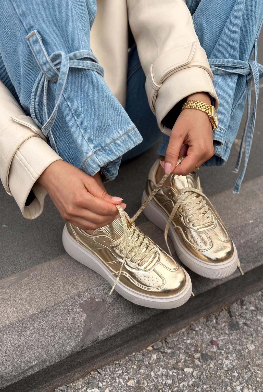 Larisa Kadın Spor Ayakkabı Gold Parlak Deri - ILOVESHOES