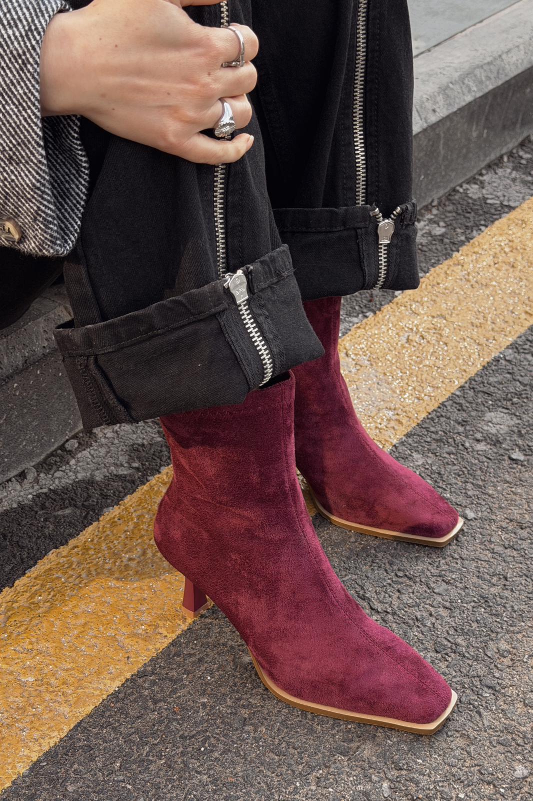 Alderie Kadın Topuklu Bot Bordo Süet - ILOVESHOES