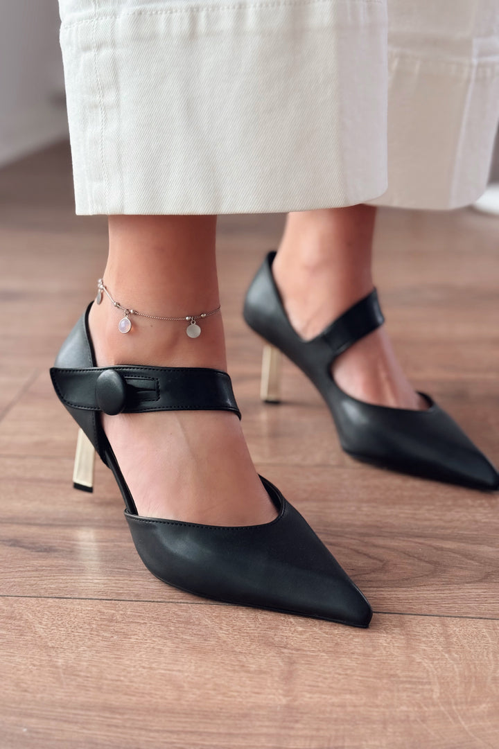 Wasord Mat Deri Düğme Detaylı Stiletto Siyah