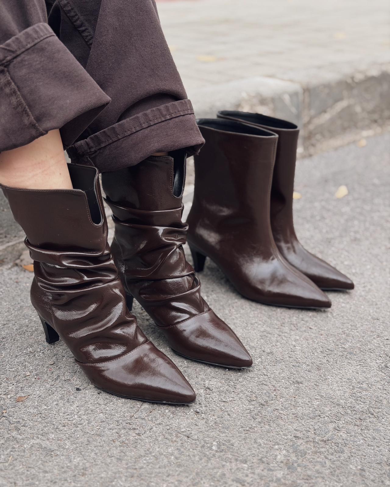 Corlin Kadın Topuklu Körüklü Bot Acıkahve Kırışık Rugan - ILOVESHOES