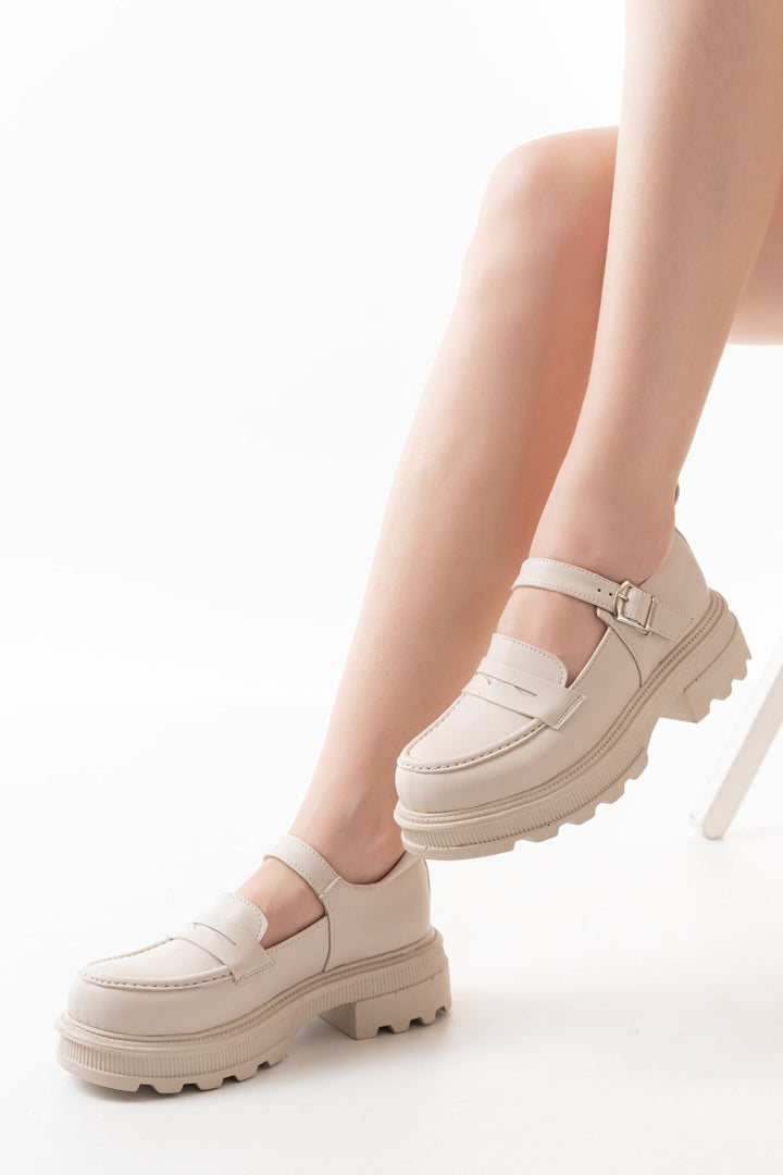 Clavix Mat Deri Bej Yüksek Tabanlı Loafer Ayakkabı - ILOVESHOES