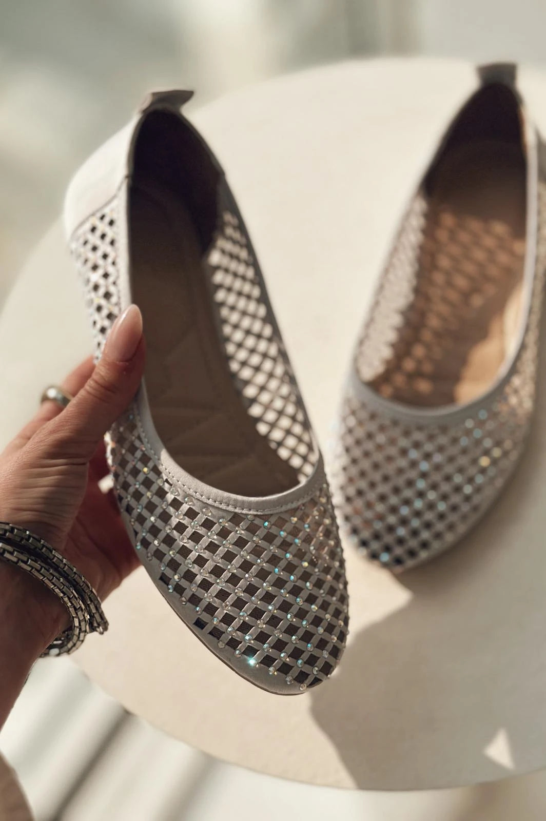 Ronetta Satin Stone Detailed Ballerinas Silver
