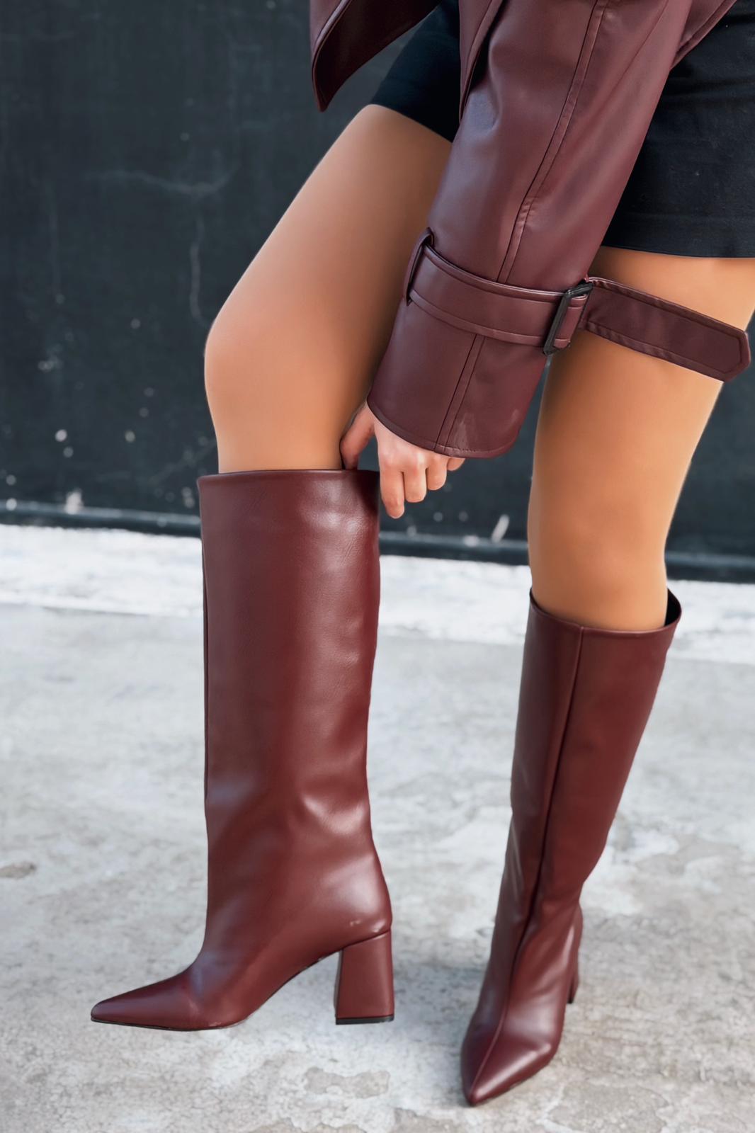 Jarlene Kadın Topuklu Çizme Bordo Mat Deri - ILOVESHOES