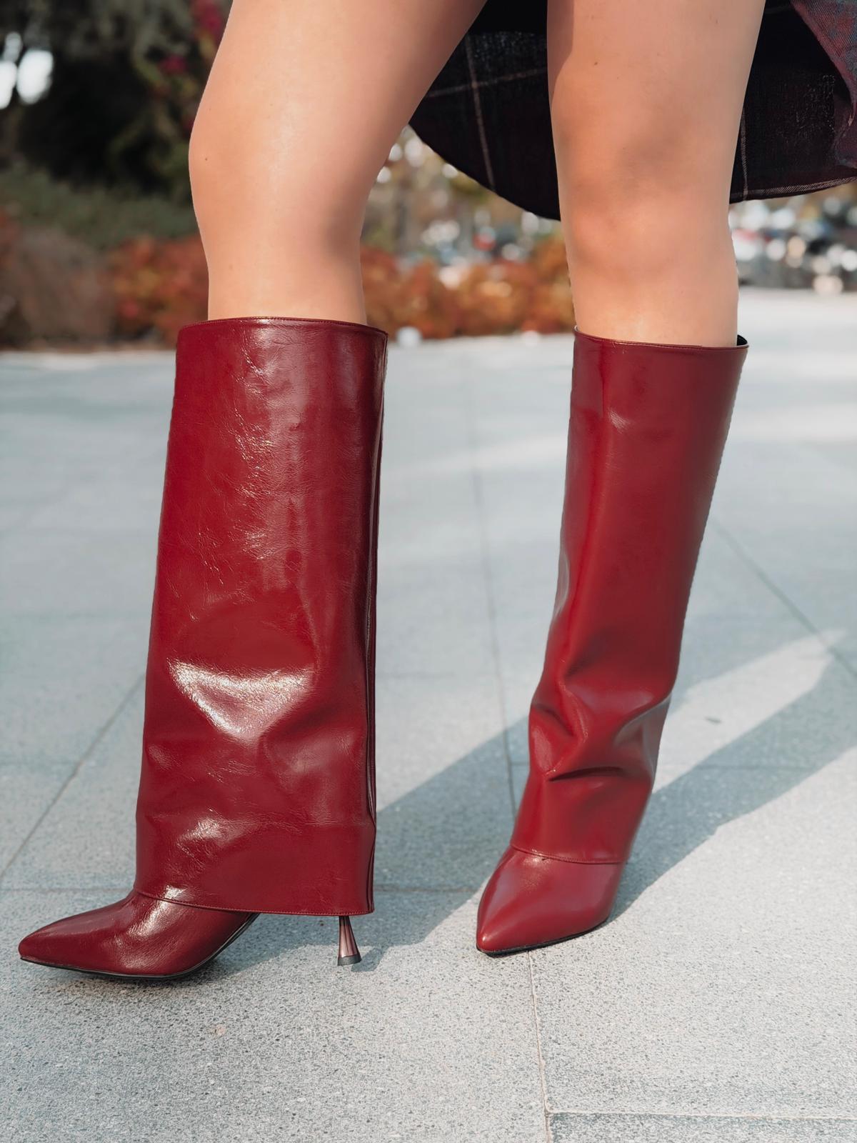 Lencie Kadın Topuklu Çizme Bordo Kırışık Rugan - ILOVESHOES