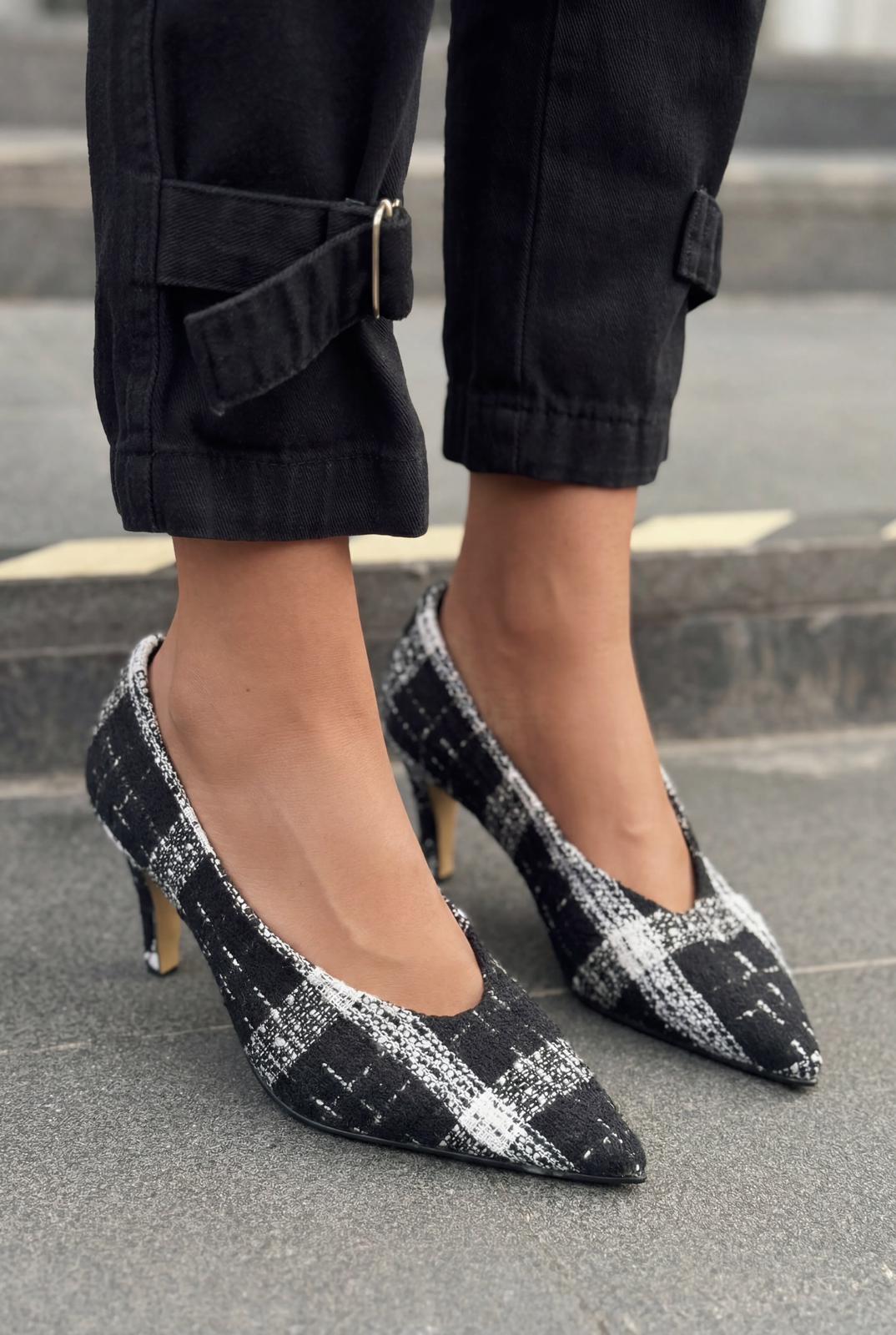 Kairo Stiletto Siyah Tüvit Kumaş Ekoseli - ILOVESHOES