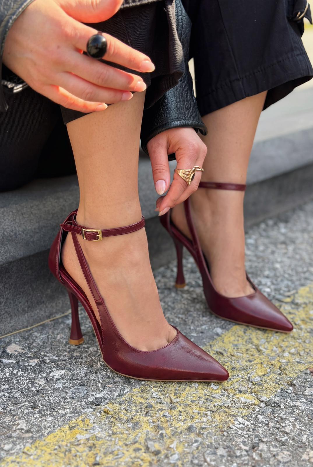 Nerole Stiletto Bordo Mat Deri Yüksek Topuklu - ILOVESHOES
