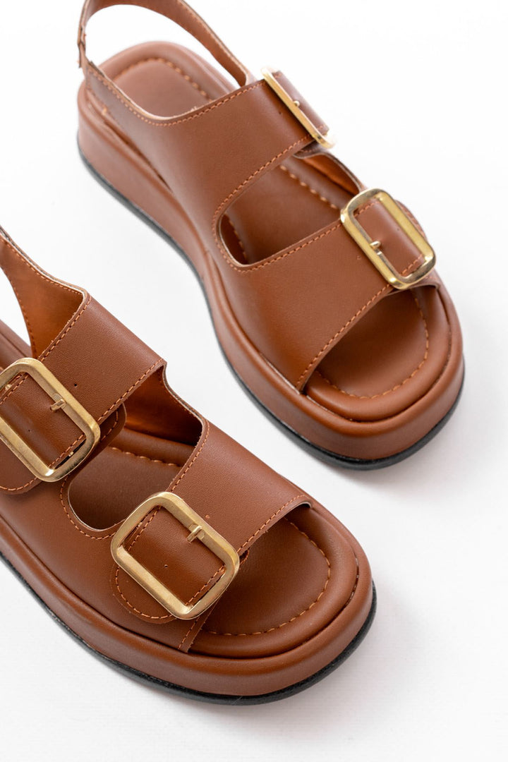 Borea Mat Deri Taba Baretli Kadın Sandalet - ILOVESHOES