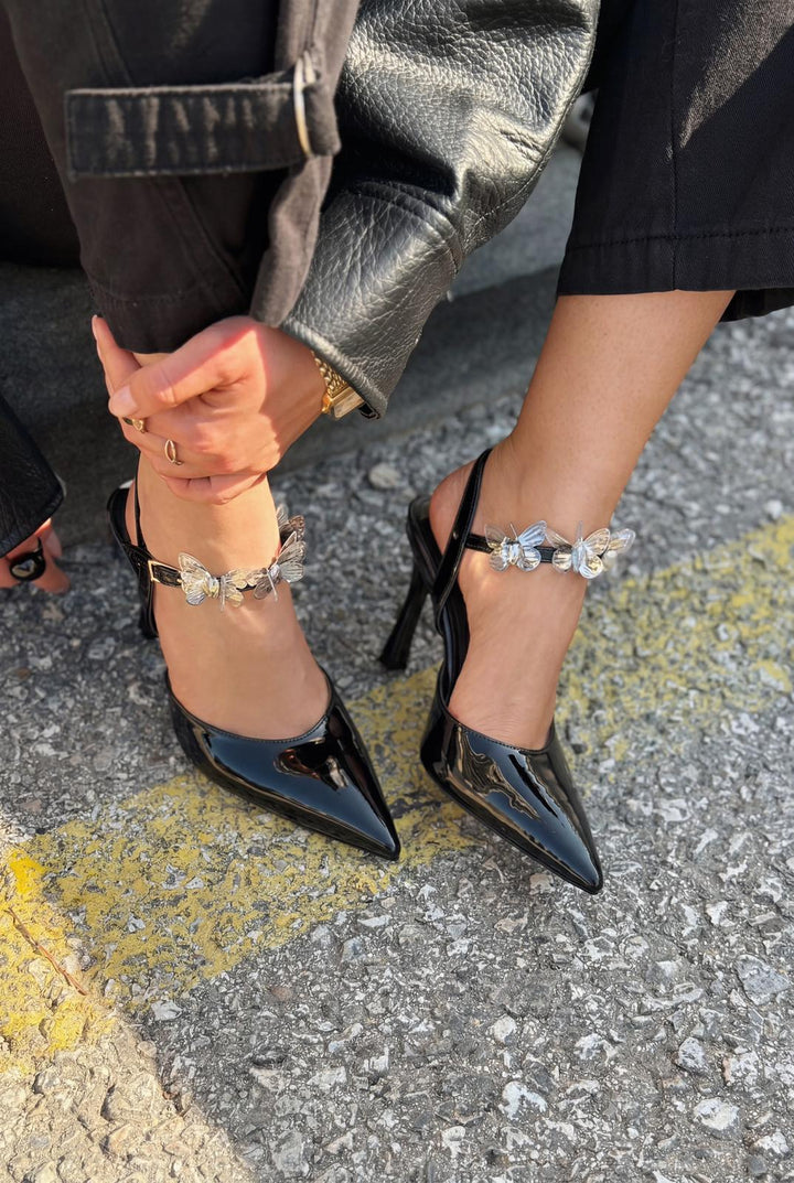 Senar Stiletto Siyah Rugan Kelebek Detaylı - ILOVESHOES