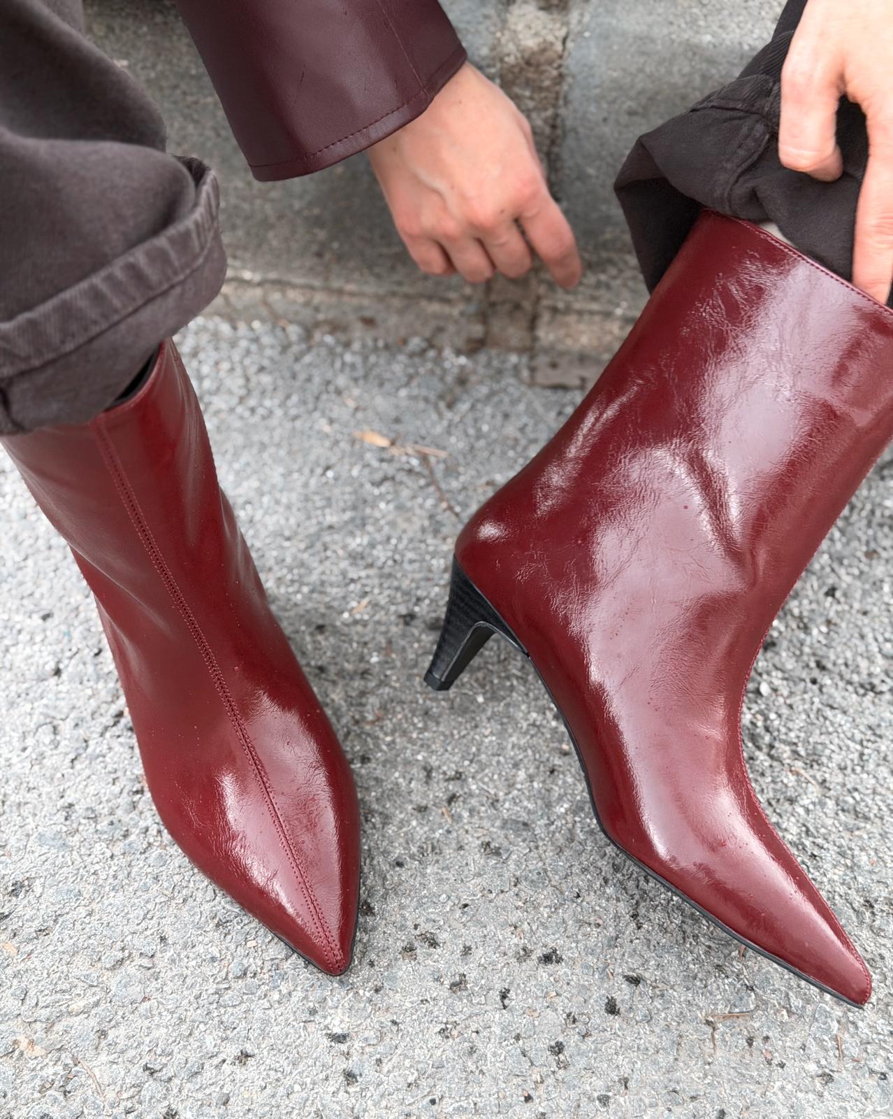 Silvar Kadın Topuklu Bot Bordo Kırışık Rugan - ILOVESHOES
