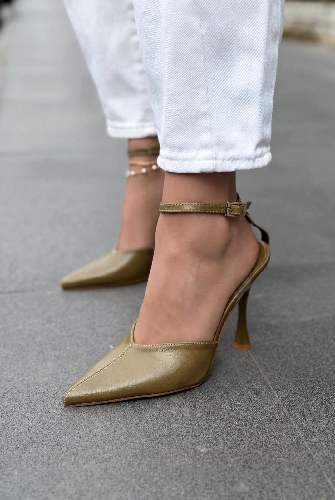 Rovire Stiletto Haki Kırışık Deri - ILOVESHOES