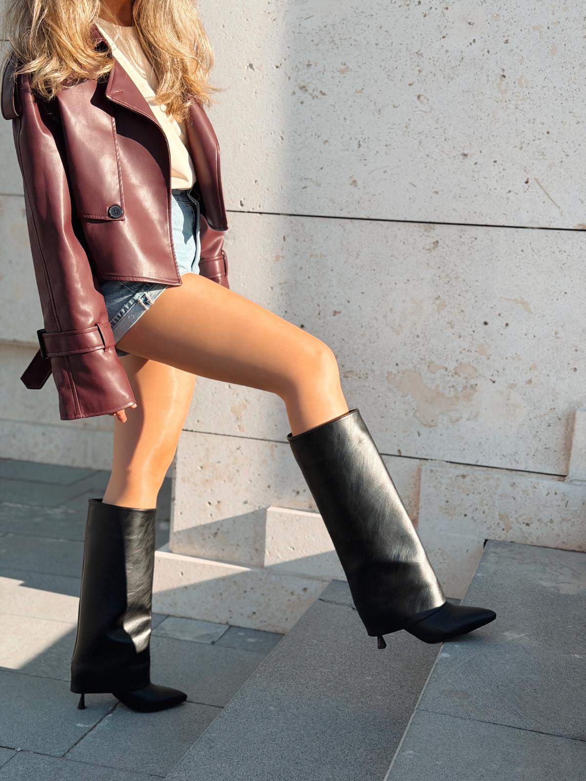 Lencie Kadın Topuklu Çizme Siyah Kırışık Rugan - ILOVESHOES