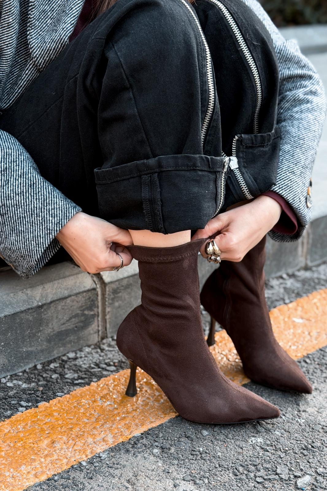 Osenia Kadın Topuklu Streç Bot Acıkahve Süet - ILOVESHOES