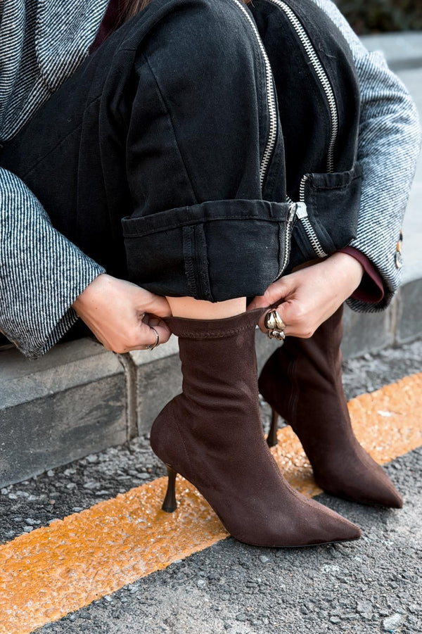 Osenia Kadın Topuklu Streç Bot Acıkahve Süet - ILOVESHOES