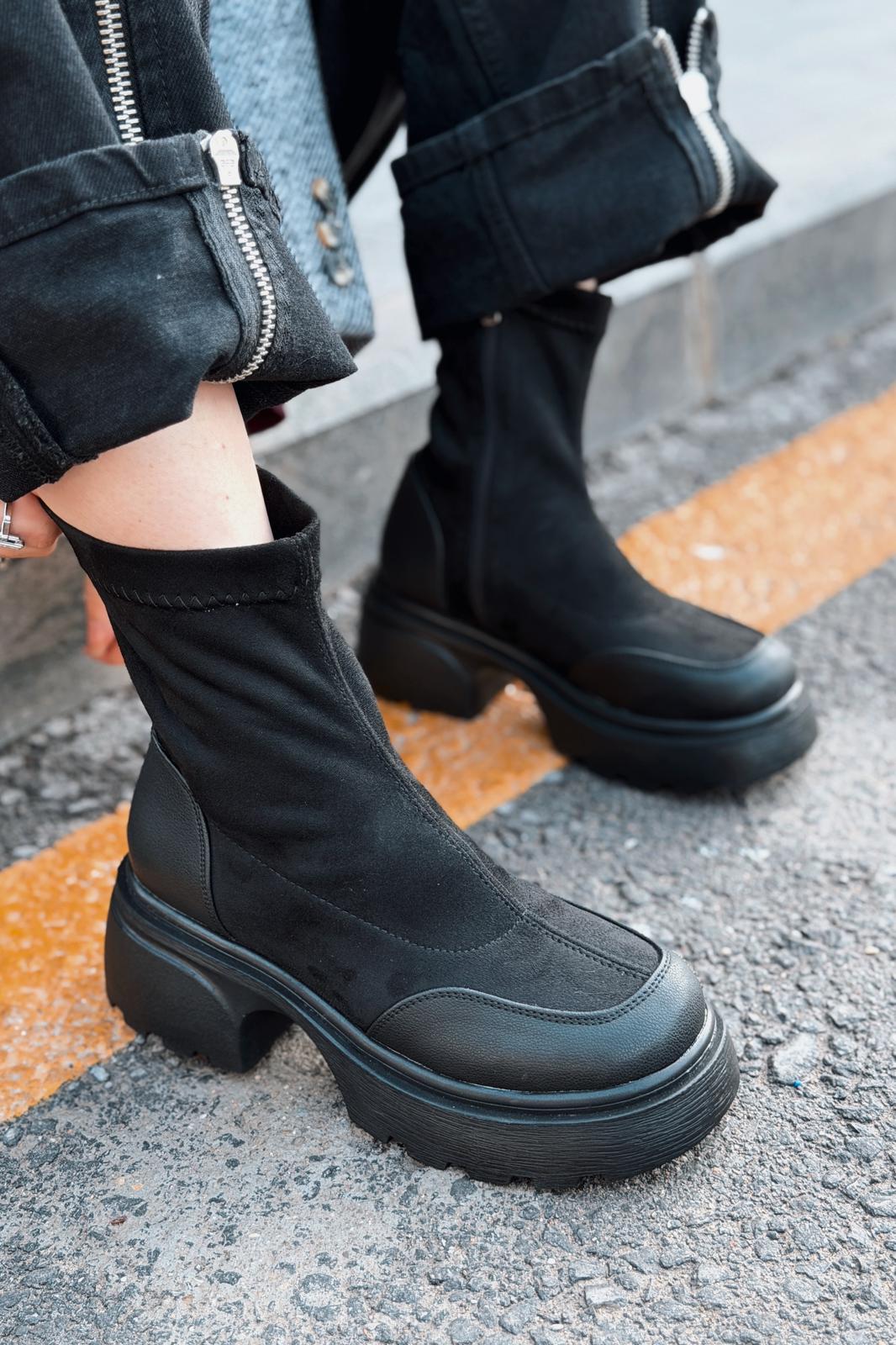 Gariel Kadın Kalın Taban Bot Siyah Süet - ILOVESHOES