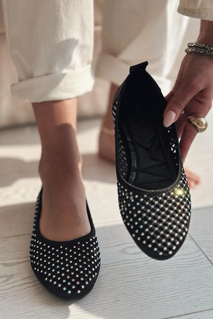Ronetta Satin Stone Detailed Ballerinas Black