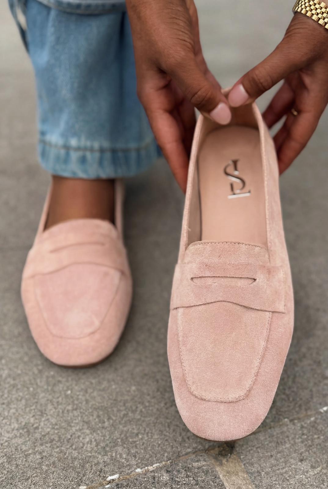 Melniel Hakiki Süet Kadın Loafer Pudra - ILOVESHOES