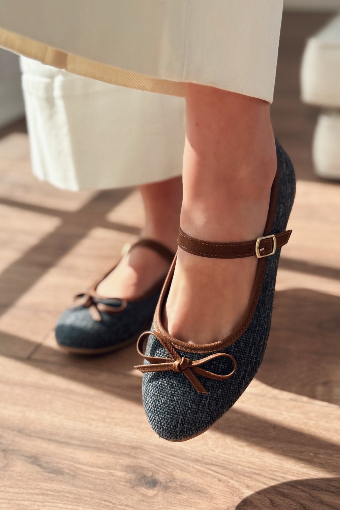 Ralina Lacivert Keten Toka Detaylı Kadın Babet - ILOVESHOES