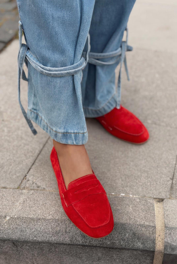 Melniel Hakiki Süet Kadın Loafer Kırmızı - ILOVESHOES