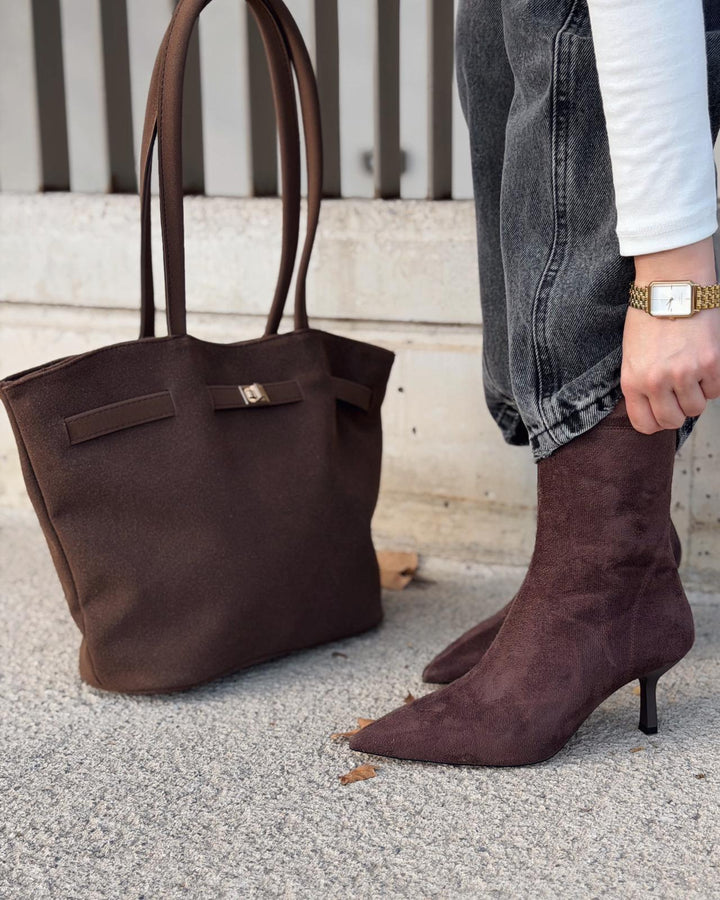 Orvex Kadın Süet İnce Topuklu Bot Kahverengi - ILOVESHOES